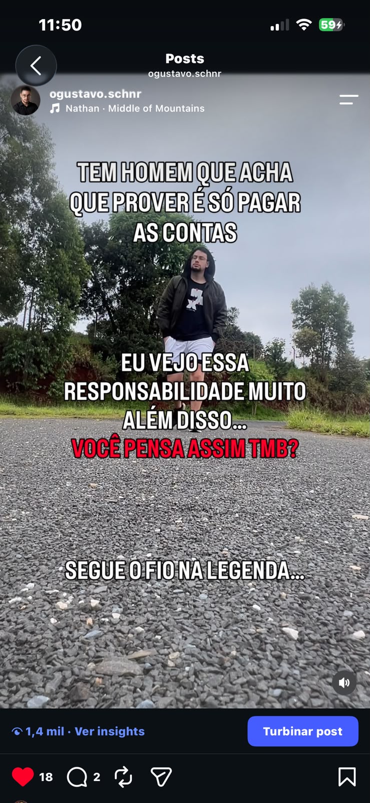 Print real de publicação do perfil ogustavo.schnr com 1,4 mil visualizações
