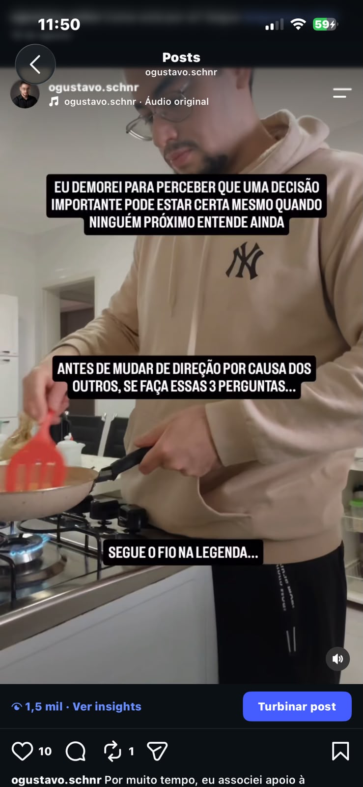 Print real de publicação do perfil ogustavo.schnr com 1,5 mil visualizações