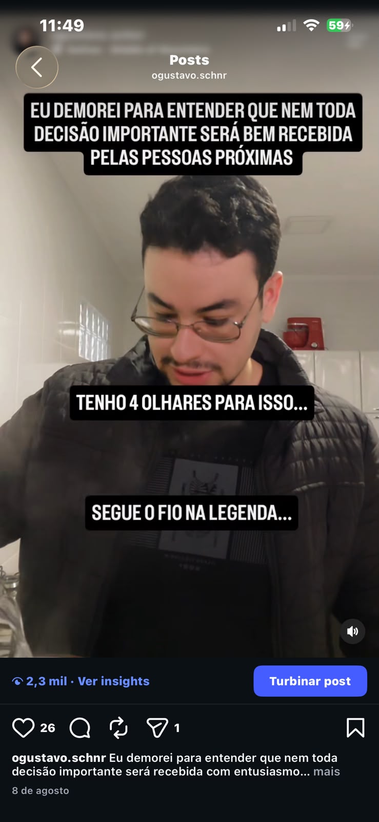 Print real de publicação do perfil ogustavo.schnr com 2,3 mil visualizações